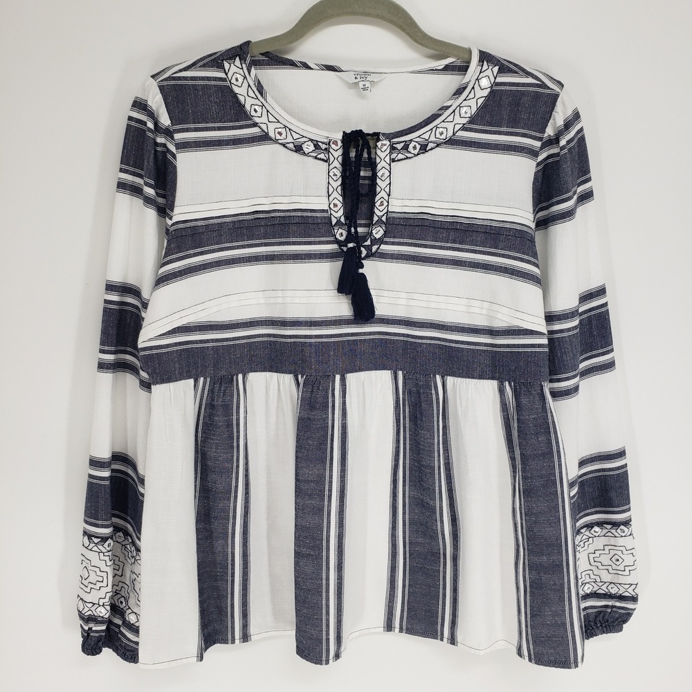 Crown & Ivy Striped Embroidered Tassel Peasant Blouse Top Women Sz M Black White